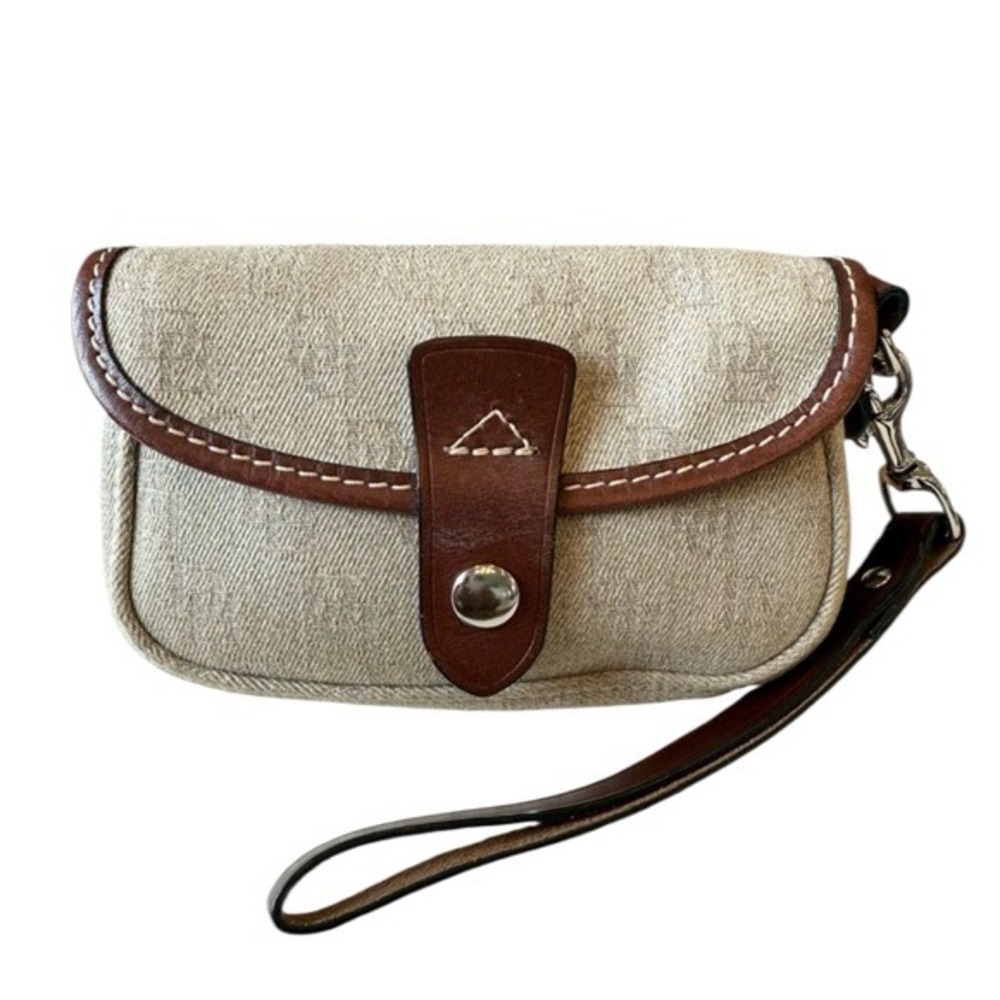 Dooney & Bourke Monogram Coated Canvas Wristlet Brown Leather Trim Tan Small Bag